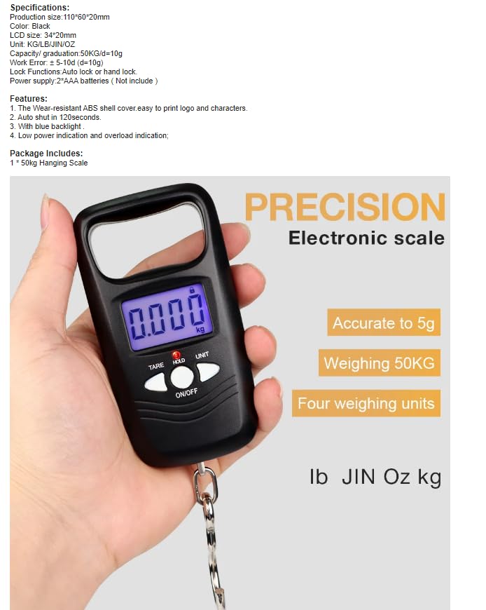 WH-A17 - Báscula digital de bolsillo para equipaje de 50 kg/10 g, báscula para colgar pesas, portátil, LCD, pesaje, anzuelo de pesca