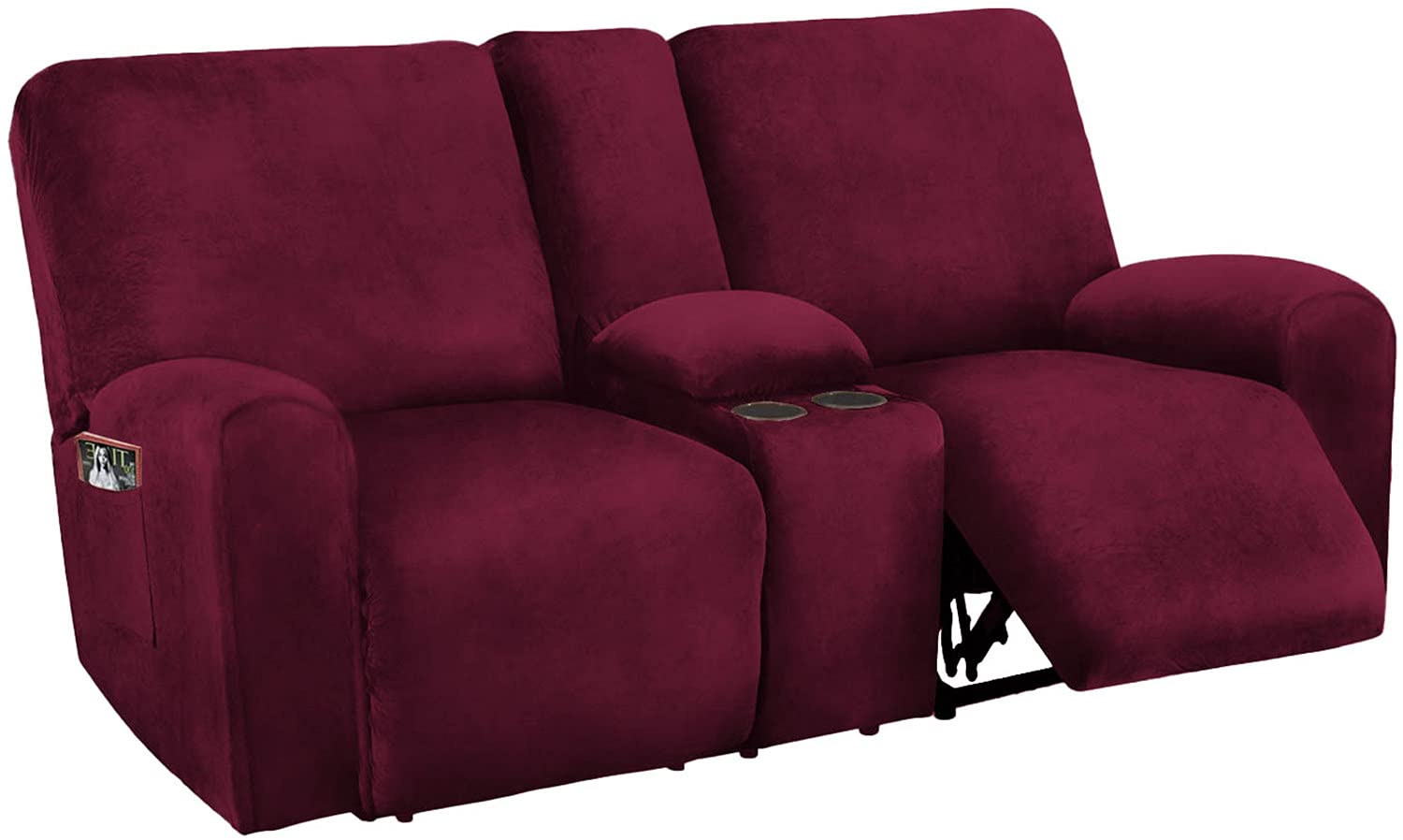 LINFKY Recliner Loveseat Covers with Middle Console, 8-Piece Stretch Velvet Loveseat Reclining Couch Slipcovers for 2 Cushion Sofa Slipcovers Furniture Covers Thick Soft Washable (Wine Red)