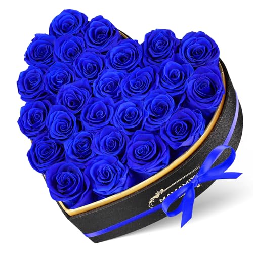 MAMAMIKO 27 Rosa Eterna Natural Preservada en Caja Corazón，Flores Eternas, Rosas Naturales Regalos Originales para Mujer, Mamá, Novia, Día de la Madre, Día de San Valentín, Aniversario, Navidad(Azul)