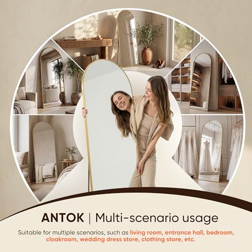 Image of Antok 91 inch x46 inch Arched Full Length Floor Mirror, Gold Aluminum Frame, Free Standing /Wall Mount /Leaning for Bedroom, Living Room, Dressing Room