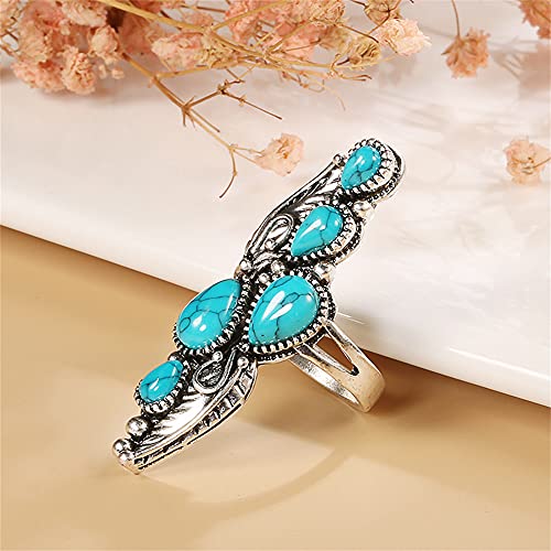 Vintage Turquoise Flower Leaf Statement Ring for Women Girls Oxidized Silver Plated Black CZ Boho Filigree Wide Band Finger Rings Comfort Fit Bohemian Indian Bollywood Wedding Birthday Retro Jewelry Size 84