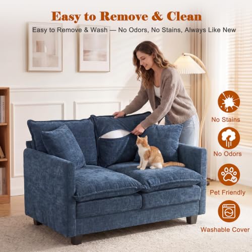 Image of 50'' Loveseat Sofa Set, Small Couch Set 2 Piece Cloud Love Seat with 27 inch Deep Seat Washable Chenille Pillows Couches for Small Spaces Apartment Living Room, Blue