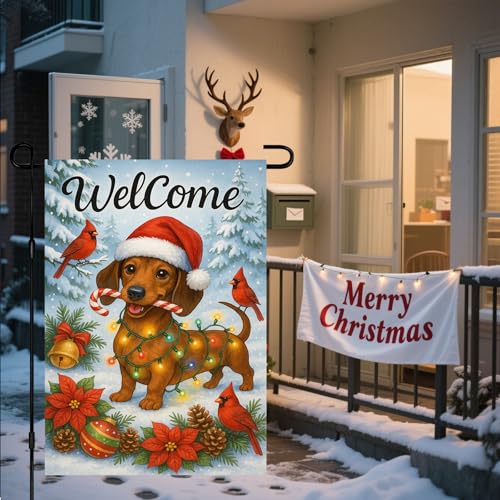 Image of BlissYard Christmas Garden Flag 12x18 Inch Welcome Dachshund Dog Outdoor Flag Double Sided Holiday Yard Banner with Santa Hat Lights Candy Cane and Red Bird for Porch Lawn Patio