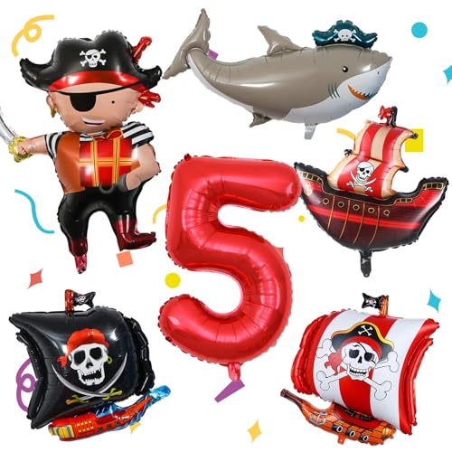 6 Peças Decoração Aniversário Balões Pirata 5 Anos, Balão Tubarão Pirata, Balões Hélio Piratas, Balão Barco Pirata, Decoração para Festa de Crianças Aniversário de Criança