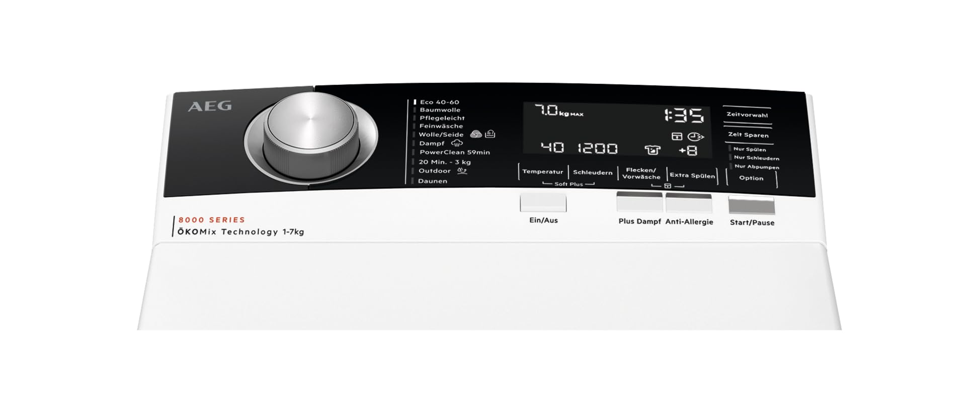 AEG Waschmaschine Toplader, 40 cm, 7 kg, Serie 8000 PowerCare - Faserschonend Sauber in nur 59Min. bei 30 °C, Dampf-Programm – Weniger Bügeln, Mengenautomatik, Nachlegefunktion, 1300 U/min, LTR8A80370