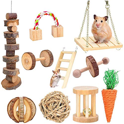 Hamster Chew Toys, Guinea Pig Toys Natural Wooden Gerbil Rats Chinchillas Toys Accessories Dumbbells Exercise Bell Roller Teeth Care Molar Toy for Syrian Hamster Rats Chinchillas Gerbils Hamster