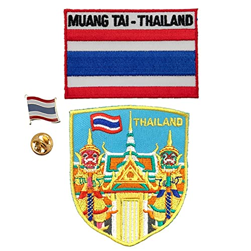 A-ONE2 PCS Pack- Wat Phra Kaew Temple Shield Patch+Thailand Flag Lapel Pin and Patch, The Temple of The Emerald Buddha, Iron on, Sew on Patch, Patch for Jeans Jacket Backpack NO.343B