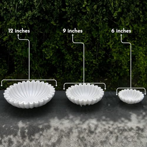 Image of Marble Urli Bowl for Decoration | Big Potpourri Decorative Bowls in Home decor | Large White Floating Flower Plates of Stone | Small Shape puja Item | (12 inch, Ruffle)