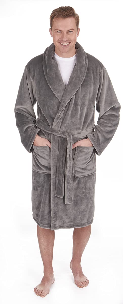 Pierre Roche Mens Dressing Gown Robe Flannel Shawl Collar Nightwear Soft Fleece Grey