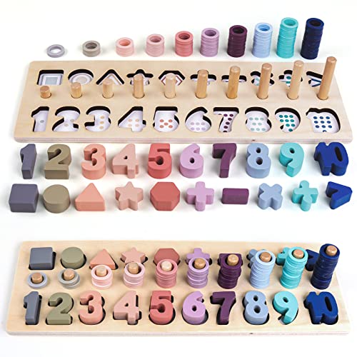 Image of QZMTOY Counting Shape Stacker Wooden Count Sort Stacking Tower with Wood Colorful Number Shape Math Blocks for Kids Preschool Educational Toddlers Toy