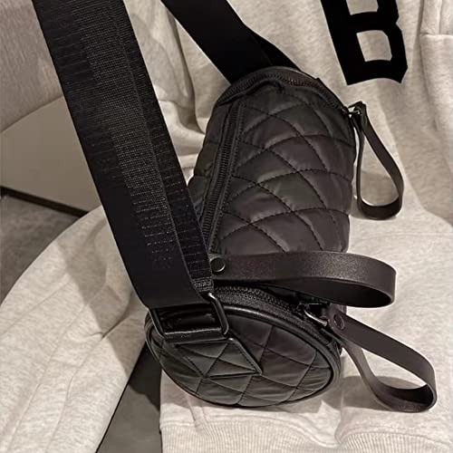 Trendy Compact Casual Cylinder Crossbody Bag Shoulder Bag Premium Fabric Rhombus Pattern Black4