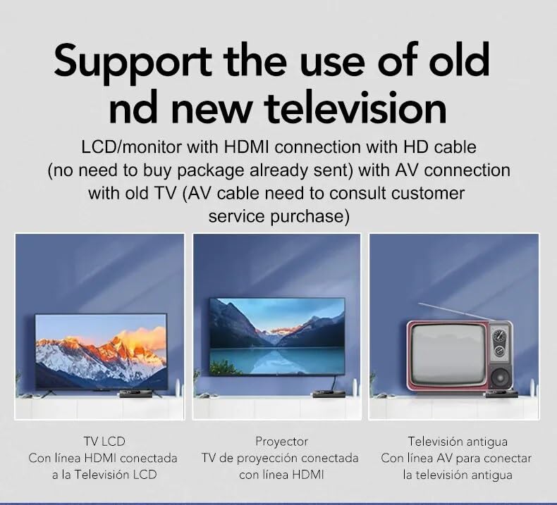 Diagram showing how to connect the AUN TV Stick to various display types: LCD TV, Projector, and older TV with AV connection.