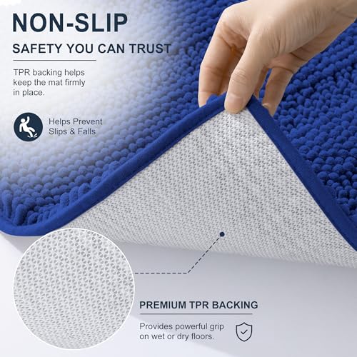 Image of Smiry Thick Chenille Bathroom Runner Rugs 44x24, Extra Absorbent Striped Bath Mat, Machine Washable, Rubber Backing, Long Bath Rugs for Bathroom, Tub & Shower, Home Decor Accessories, Royal Blue