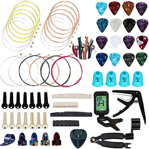 66Pcs Guitar Accessories Kit, Acoustic Guitar Changing Tool Includes Strings, Picks, Pick Holder, Capo, String Winder&Cutter, Saddle and Nut, Thumb Finger Picks, Tuner, Guitar Bones for Beginners