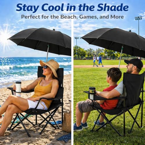 2 Pack Sillas de Camping Portátiles Plegables con Sombrilla Ajustable, Sillas Ligeras para Playa, Pesca, Eventos Deportivos y Césped (Negro) miniatura 3