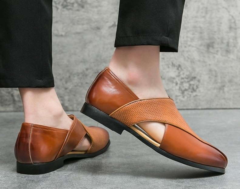 Men's Summer Business Genuine Leather Hollow Loafers Fashionable Retro Round Toe Slip-On Flat Breathable Comfortable Formal Leather Shoes for Men4