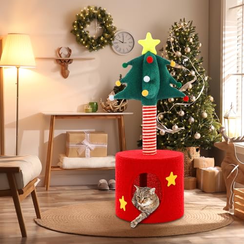 Image of Christmas Cat Tree Tower with Sisal Scratching Post Scratcher | Gift Box, Christmas Cat House, Condo Bed, 33 Inch, Indoor Kittens to Play and Sleep, Xmas Holiday Decoration