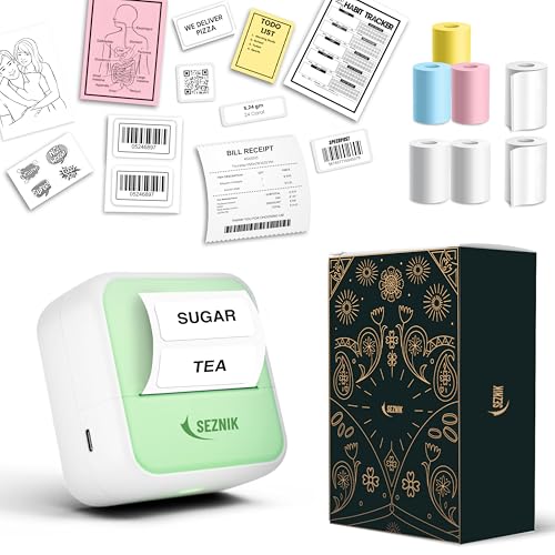 Image of SEZNIK Mini Printer, Inkless, Thermal, Bluetooth, Portable Printer, Compatible Android, iOS Mobile. 1 Year Warranty (MiniX-Green-Gift)