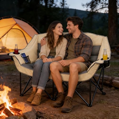 Double Folding Camping Chair Fully Padded Loveseat Camping Couch Oversized 2 Person Lawn Chair Sofa w/Cup Holder,Wine Glass Holder,Mesh Storage for Patio Picnic Beach,Support 600lbs,Beige miniatura 2