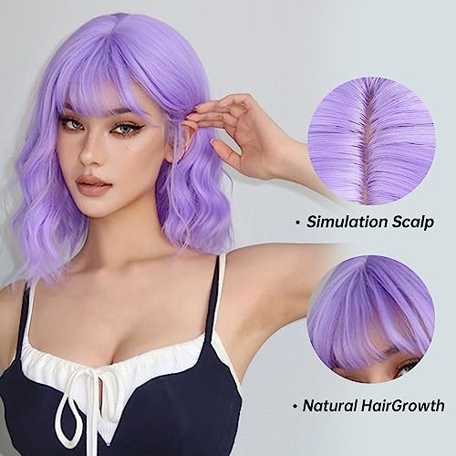 Perruque synthétique violet bleu à frange - Carré court bouclé