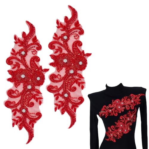 HOBBIESAY Juego de 2 apliques de encaje de flores rojas con piedras de perlas 3D y diamantes de imitación para coser, para manualidades, ropa de tela, decoración