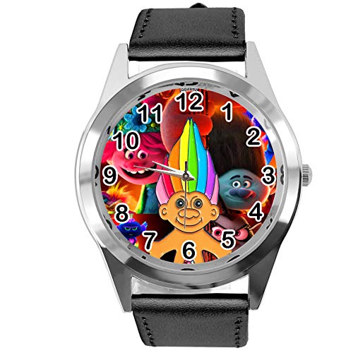 Montre a Quartz Ronde avec Bracelet en Cuir Noir pour Les Fans de Trolls