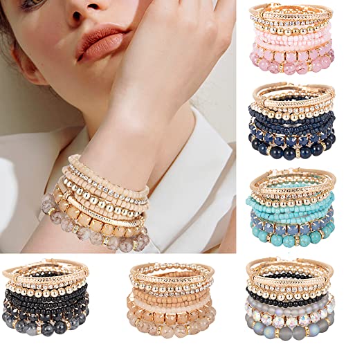 Finzor 48Pcs Bohemian Stackable Bead Bracelets For Women Multicolor Stretch Beaded Bracelets Layered Bead Adjustable Bracelet Pink Black Turquoise Stretch Bracelets #TOP3