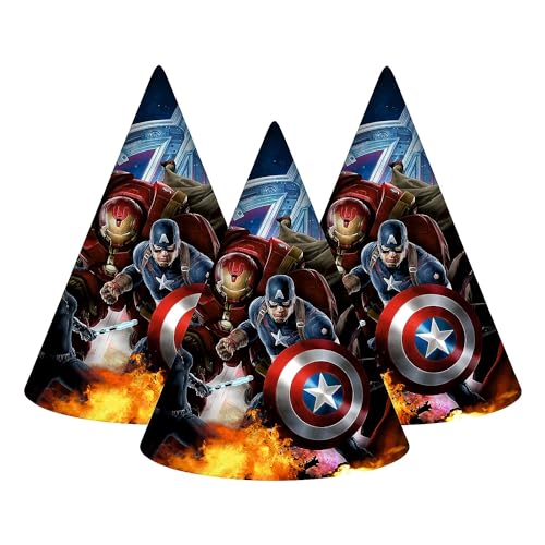 Image of WANNA PARTY Birthday Caps for Avenger, Cone Hats for Avenger Theme Birthday Celebration,Superhero Theme Party Decoration,Avenger Birthday Decorations(Pack of 8)