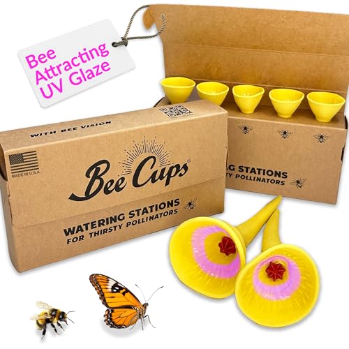 Bee Cups 5 Pack, Bee Watering Station, 100% Handmade Porcelain, Bee and Butterfly Feeder for Garden, Outdoor Feeder for Thirsty Pollinators, Plastic Free, Bee Attracting Glaze (5, Bees Knees Yellow)