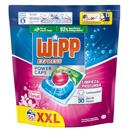 Wipp Express Power Caps Detergente Floral en Cápsulas para Lavadora, 55 Dosis, Limpieza Profunda, Eficaz en Agua Fría