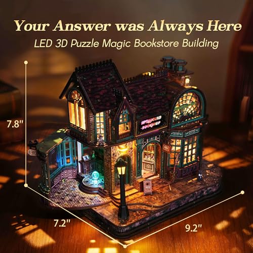 Image of FUNPOLA 3D Wooden Puzzle Magic Bookstore with LED Lights - DIY Miniature Kit, Spellbound Bookshop, Home Decor Display, Creative Gift for Adults and Teens