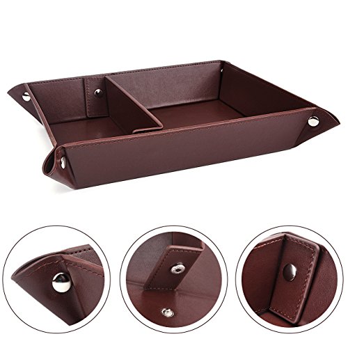 Valet Tray Jewelry Organizer,PU Leather Watch Box Coin Change Key Tray for Storage Coffee