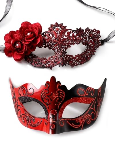 Zinniday Red Masquerade Mask for Couples 2 Pcs Venetian Carnival Masks with Women Flower Lace Mask and Men Antique Eyemask 2026 Couple Mask Set for Renaissance Ball Prom Party Costumes Accessory