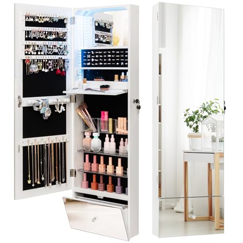 HOMASIS Armario colgante para joyas, Joyero con espejo y cerradura con iluminación LED 3 colores, Armario para maquillaje con estante plegable, Mueble para colgar en la pared, 120x37x11cm, Blanco