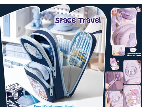 Image of WORSHIPER Kawaii Cute Pencil Pouch with Push Pull Eraser Set for Kids | Premium Canvas Zipper Stationery Organizer Box with Cartoon Design | Gift Combo for Boys & Girls (Space Blue + Earser)