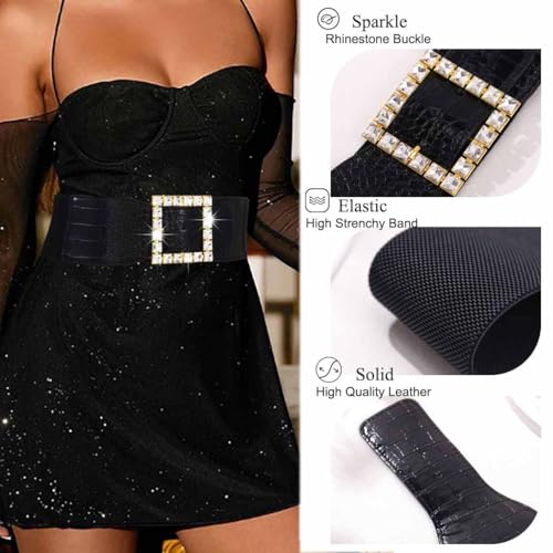 Rhinestone Waist Belt Wide Square Buckle Lady Belt for Dress Sparkle Crystal Stretchy Waistband for Women4