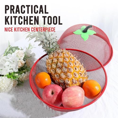 Image of Fruits Bowl Basket Apple Shape Mesh with lid Tabletop Vegetable Holder Keep Unwanted Pets & Insects Out Kitchen Dishwashing Drain Basket (Red)