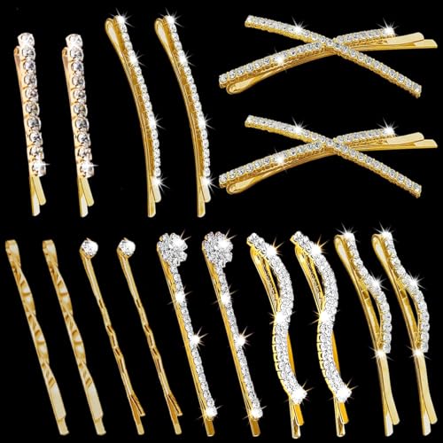 16 Pieces Rhinestone Bobby Pins Set Delicate Decorative Crystal Hair Clips Shiny Metal Barrettes, I S X Shaped Diamond Hair Accessories for Women Ladies Wedding Prom Party(Gold Classic type)