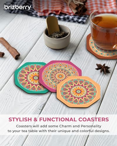 Image of Brizberry Brizcoast Premium Designer Printed Beautiful Wooden Coasters Fit for Tea Cups, Coffee Mugs and Glasses (3.5X3.5 Inch) (Octagon 3 (Set of 4))