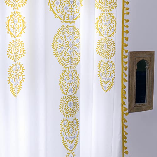 Image of Tranquebar Curtain Co. 100% Cotton, Moroccan Tasseled Geometric Print, Room Darkening Curtains for Window (with Back Tabs) - 5 Feet, Daira: Yellow, 1 Piece (Length 152 cm)
