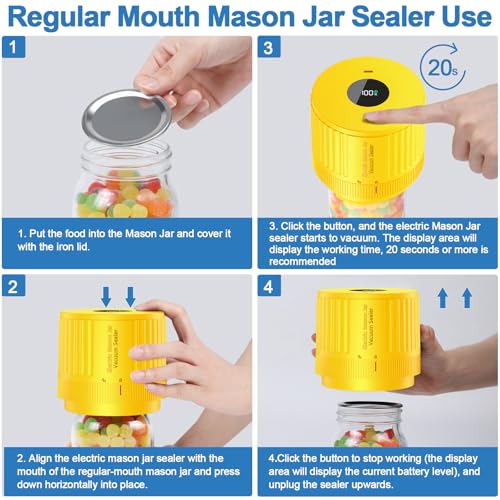 Electric Mason Jar Vacuum Sealer Kit for Wide Mouth and Regular Mouth Mason Jar - Yellow