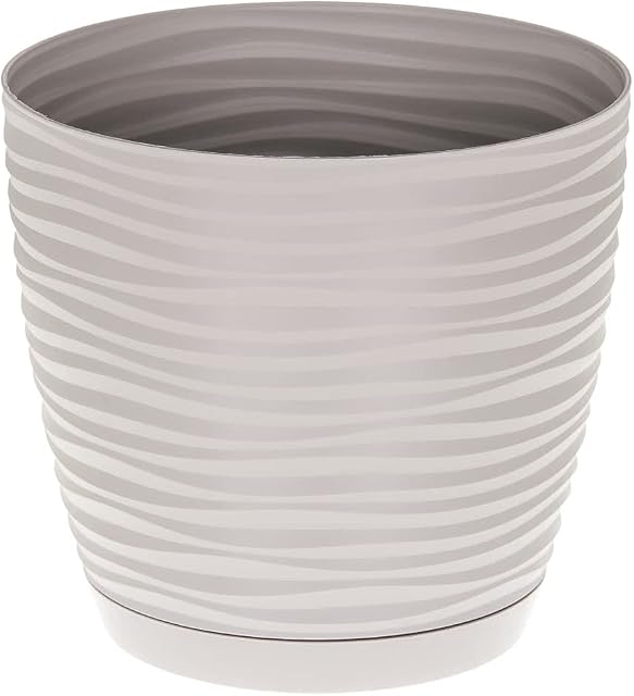 KORAD 3D Sahara Plant Pots with Matching Saucers. Modern Planters with Drainage Holes and Stand for Indoor and Outdoor (H 9.8 in (25 cm) - D 10.6 in (27 cm), Light Grey)