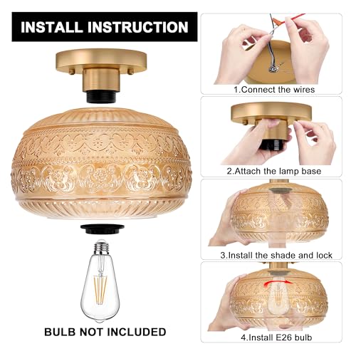 Semi Flush Mount Ceiling Light Fixture, 11" Vintage Gold Hallway Lights Fixture Ceiling with Amber Glass for Kitchen, Hallway, Bathroom and Entry Way,Compatible with E26 Light Bulb