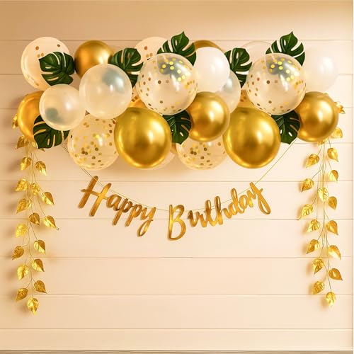 Image of The FOMO Factory Golden Birthday Decoration Items - Happy Birthday Decoration Kit With Golden Balloons & Artificial Gold Leaves Vine Creeper & Confetti Balloons & HBD Banner - Easy Decoration (GLeaf)