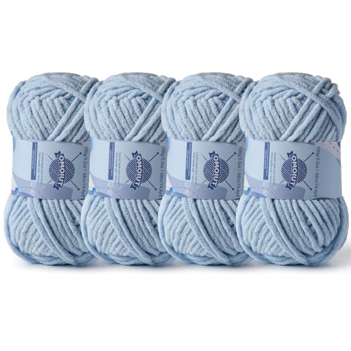 Image of 4 Pack Chunky Chenille Yarn for Crocheting, Baby Yarn for Crocheting Soft Blankets, Bulky Yarns for Crochet Amigurumi, 400g (297yds) Fluffy Velvet Yarns for Hand Knitting (4 Sky Blue)