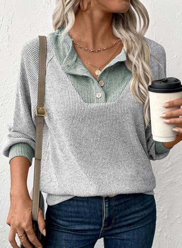 EVALESS Womens Fall Fashion 2025 Womens Long Sleeve Shirts Patchwork Button Up V Neck Sweatshirt Casual Pullover Tops
