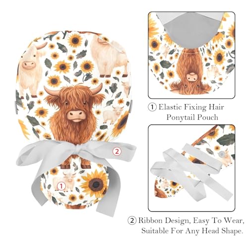 Image of 2 PCS Bouffant Cap with Button Ponytail Pouch Working Cap Sweatband Adjustable Surgical Cap Black and White Cow