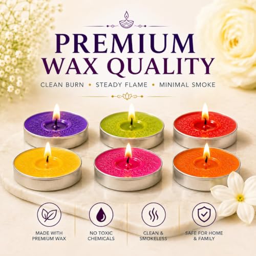 Image of Bindian Unscented Tea Light Candles, 100% Paraffin Wax, Smokeless Dripless Tealights for Home Decor, Diwali, Wedding, Spa, 1-1.5 Hour Burn Time (Pack of 200 Multicolor)