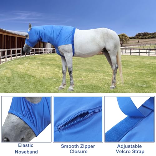 Image of Horse Slinky Hood with Zipper, Stretch Spandex Sleazy Hood for Mane Protection, Breathable Horse Neck Cover for Show Prep, Braids Saver, Sleek Grooming Under Blanket Use Blue Large