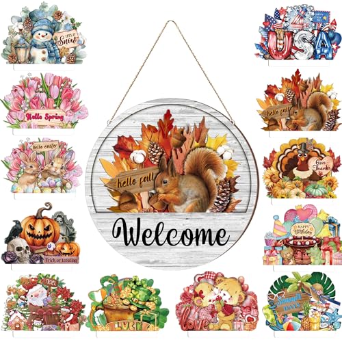 13PCS Interchangeable Seasonal Welcome Sign for Front Door, 12 Inch Rustic Round Wood Door Decorations Hanging Outdoor, Farmhouse Home Wall Porch Signs for Spring Summer Fall Christmas All Seasons